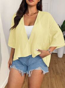 SHEIN EZwear 加大码黄色棉质轻薄短款开衫，夏季和服沙滩罩衫上衣前开襟上衣，秋冬季女士夏季开衫 - 黃色 - 查看 5
