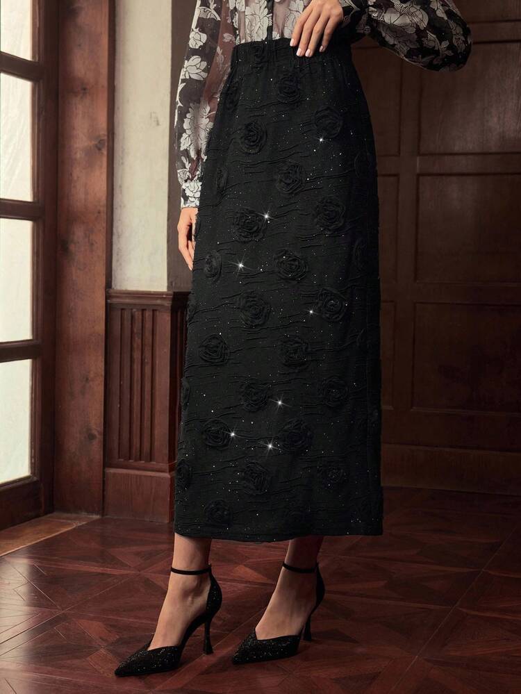 ZEYLAH 3D FLORAL PATTERN STRAIGHT ELEGANT SKIRT, EARLY AUTUMN