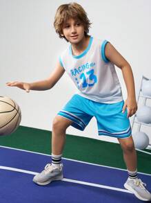 JNSQ Tween Boy Back To School Outdoor Sports Loose Shorts, Children Elastic Waist Side Splice Webbing Outdoor Sports Loose Shorts - Blue - View 9