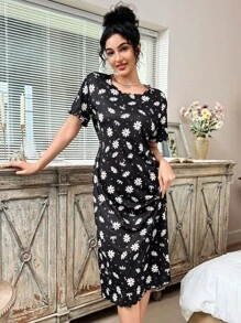 CottageSlumber Damen Gänseblümchen-bedrucktes Rippstrick-Nachthemd mit lockerer Silhouette, kurzen Ärmeln und umgeschlagenem Saum