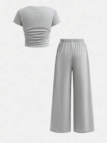 SHEIN Tween Girls Bow Print T-Shirt & Long Pants 2 Pieces Set, Casual Daily Fashion Matching Outfit Teen 2 Piece Pants Set Girls Ribbed Set Girls Pants And Top Flare Pants Set Kids Girls Wide Leg Pants Set