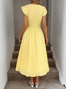 Easowa 褶皱交叉裹身前盖袖松紧腰褶皱扭纹 A 字连衣裙，优雅休闲度假装，春夏季 - Butter Yellow - 查看 2