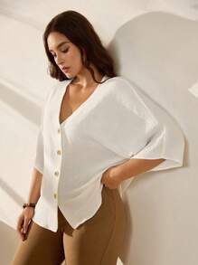 EMERY ROSE 大尺碼春夏休閒度假質感釦領寬鬆襯衫