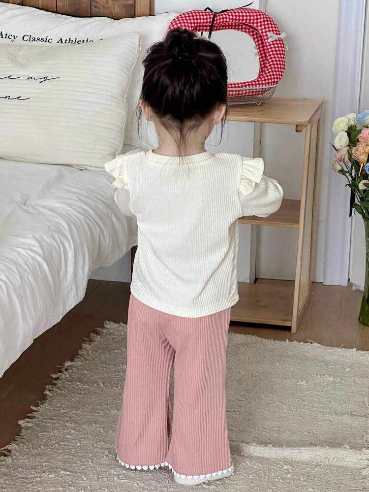 Baby Girl Cake Print Patchwork Ruffle Hem Long Sleeve T-Shirt And Pants Casual 2 Pieces Set Toddler Girls Clothes