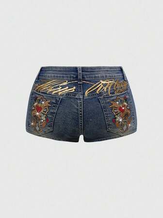 J-Fashion Short en jean déchiré pour femmes grandes tailles, style rétro Y2K, taille basse, avec broderie de lettre, cœur et strass