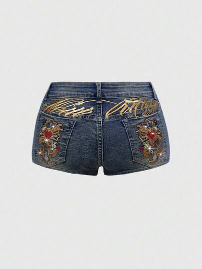 J-Fashion Pantaloncini di jeans oversize da donna in stile retrò Y2K, vita bassa, con ricamo di lettere, cuore, croce e strass, effetto consumato