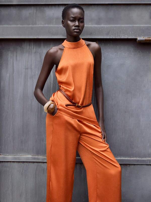 Lumivelle Women's Solid Color Halter Top And Straight Leg Slant Hem Design Pants Casual Suit  Old Money Style Modest