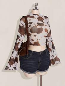 SHEIN ICON Blusa de Manga Longa Estampa de Vaca Boêmia com Manga Sino Estilo Hippie, Vestimenta Western, Ganga Chique para Mulheres Plus Size em Férias