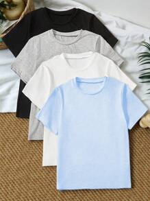 Sparklyn Teen Girl 4pcs Solid Color Crewneck Short Sleeve Casual T-Shirts, Summer Basic Topholiday,Summer,Travel,Getaway, School, Campus, College - Multicolor - View 8