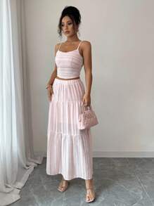 Rafferiza Rochie scurtă Islaluna pentru femei, cu imprimeu jacquard, stil romantic de vacanță, cu rochie lungă, set din 2 piese - Roz - Vizualizare 4