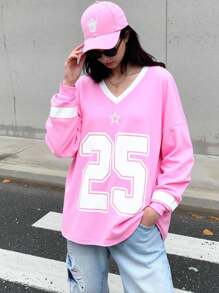 SHEIN Teen Girl's Pink Ribbed Collar Number & English Letter Print Loose Casual Sweatshirt, College Style Oversized Sweatshirt, Back To School Season - Pink - View 3