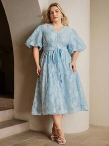 Anewsta Vestido de mujer de talla grande elegante con mangas abullonadas y lazo a la cintura en color azul fresco