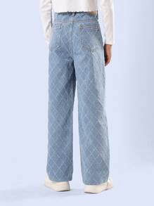 SUMWON Diamond Pattern Wide Leg Jeans Trendsetter Denim Pants With Vintage Distressed All Over Pattern Classic High Rise School Weekend Casual Bottoms - Light Wash - View 2