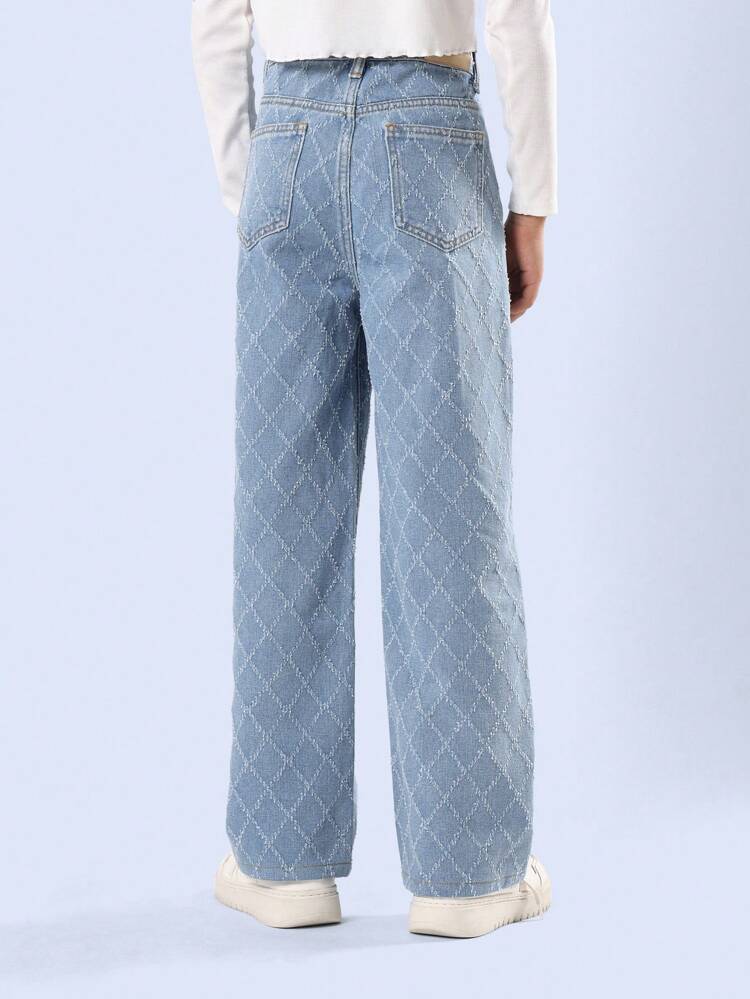 Wide Leg Diamond Pattern Denim Pants With Vintage Wash
