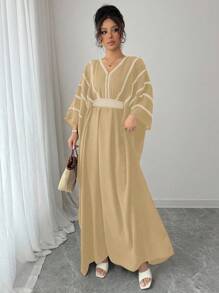 Rafferiza V-Neck Gold Lace Waist Dress - Khaki - View 3
