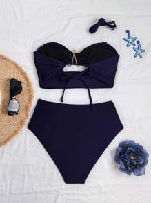 Swim Basics 2件組性感女款純色泳衣，修身顯瘦，適合夏季海灘度假溫泉水療與度假村 - 藏蓝色 - 查看 2
