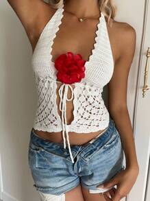 SHEIN EZwear Women's Fashion Vacation Sexy Halter Tie-Up Backless Knit Blouse,Date Night - Beige - View 3