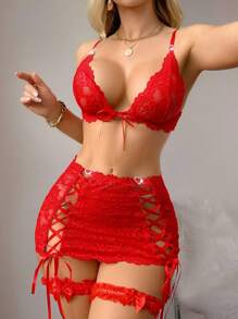 SHEIN 红色透明系带细肩带女士红色蕾丝内衣套装红色胸罩和内裤套装红色蕾丝胸罩红色服装内衣裙套装，外出 - 紅色 - 查看 3