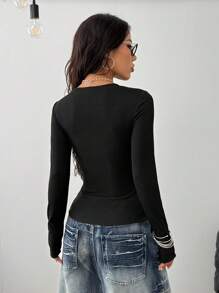 Coolane Women's Fall Y2K Minimalist Streetwear Casual Basic Daily Wear Rib Knit Comfortable Black V-Neck Long Sleeve Slim Fit Bottoming T-Shirt