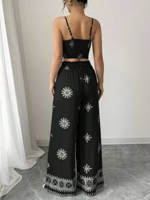 Selianne Bộ 2 món áo crop top hở lưng in họa tiết màu xanh lá cây và quần dài phong cách nghỉ dưỡng giản dị cho nữ - màu đen - Xem 2