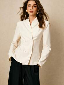 Poéselle 1 pieza Blazer elegante de unicolor y doble botonadura para mujer, blazer de mujer, blazer de doble botonadura, chaqueta de traje para mujer, blazer color marfil para otoño/invierno