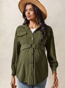 Boho Mama 孕妇装秋季简约纯色灯芯绒宽松落肩翻领口袋环腰带轻便夹克 - 軍綠色 - 查看 5