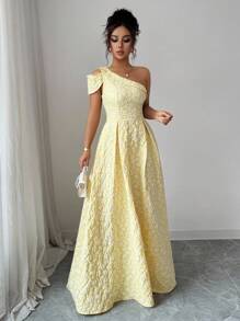 Elenzga Váy vải Jacquard dáng xòe cổ không đối xứng màu kem lãng mạn thanh lịch dành cho nữ - Butter Yellow - Xem 6