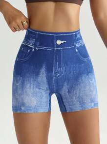 Easithlete 女士花卉印花无缝高弹力运动健身短裤、骑行短裤 - 藍色 - 查看 4