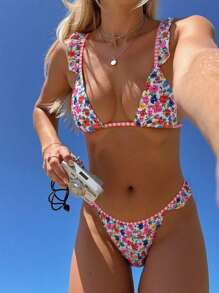 Swim Mod Women's Minimalist Triangle Bikini Set With Floral Beach Print For Summer Beach Vacation - Multicolor - View 1