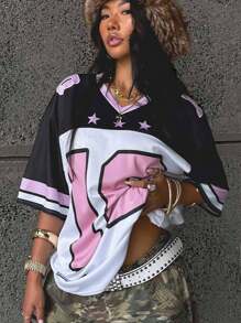 SHEIN 青少年女孩春夏街头潮流情侣同款休闲V领落肩字母印花宽松休闲运动T恤