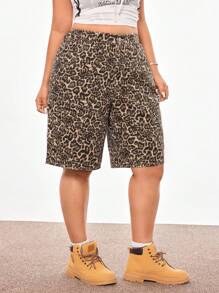SHEIN ICON 大码多口袋豹纹牛仔短裤 - 彩色 - 查看 4