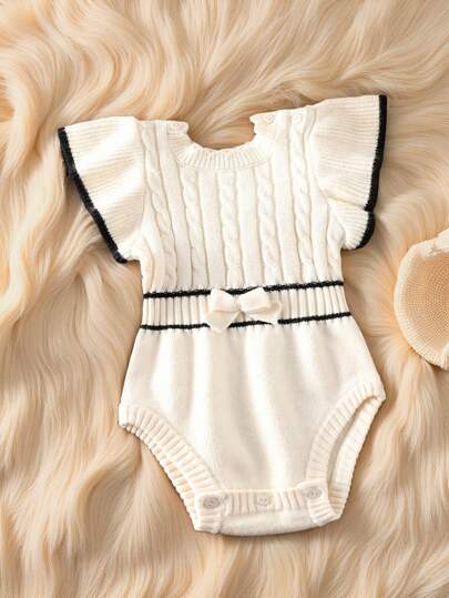SHEIN Baby Girl Sweater Bodysuit, Ribbed Knit Crew Neck Floral Lace Collar Puff Sleeve, Black White Striped Bow Accent, Soft & Comfortable, Suitable For Daily Wear, Outings, Travel, Vacation, Home, Daycare, School