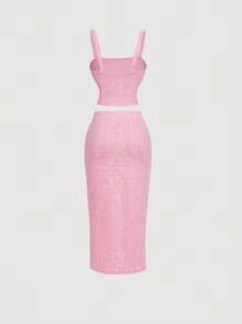 SHEIN MOD 粉色背心上衣、直筒裤、女士优雅套装、修身女士套装、西装外套和裤子、初秋装扮返校学院风上衣两件套裤子老款风格 - 粉色 - 查看 2