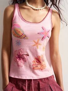 Bohemela Pink Summer BOHO Beach Holiday Women Tank Top,Tropical Floral Seashell Graphic Pattern Beaded Knit Slim Fit Sleeveless Casual Vacation Style Tee - Pink - View 3