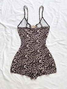 Soleia Women's Classic Leopard Print Sleeveless Romper With Cutout Detail And Metal Starfish Decor, Figure-Flattering, Suitable For Party, Date, Afternoon Tea, Beach, Music Festival, Carnival, Can Be Worn As Outer Or Inner Layer, Fashion Casual Street Holiday Leopard Romper Playsuit,Leopard Print