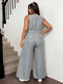 SHEIN EZwear 大码黑白千鸟格V领纽扣连体裤，休闲优雅 - 黑與白 - 查看 2