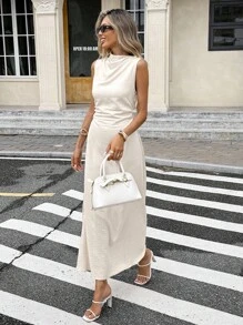 SHEIN Frenchy 女式休闲纯色垂坠无袖褶饰修身连衣裙，夏季 - 杏色 - 查看 7