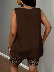 Slaydiva 休闲豹纹口袋圆领无袖宽松背心和紧身打底裤两件套，适合夏季，加大码两件套休闲套装女棕色豹纹套装适合外出秋装 - 棕色 - 查看 5