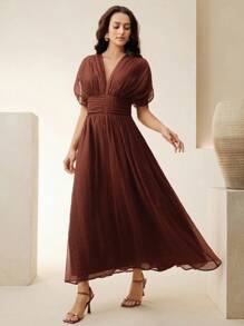 Anewsta Vestido con cuello en V, hombros drapeados, mangas y cintura definida, atuendo de vacaciones y playa, para primavera y verano - Óxido marrón - Ver 7
