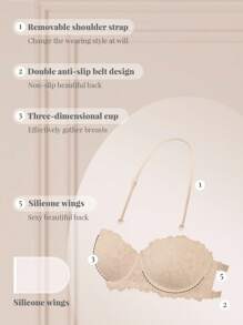 SHEIN 1pc Women Lace Plunging Backless Bra With Wire, Gather And Lift For Small Bust, Strapless And Adjustable Strap Design - Apricot - View 7