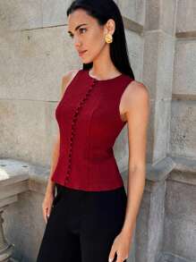 Maija 2025 Gilet sans manches pour femmes en tricot texturé de couleur café, style classique de ville moderne. Convient pour les fêtes du début de l'automne et la rentrée scolaire. Hauts bordeaux, rouges foncés, rouges vin, corsets pour femmes, tops marron. Automne pour femmes, hiver pour femmes, soirée, sortie, hauts pour femmes, soirée, rendez-vous, style old money