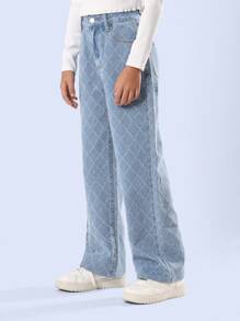 SUMWON Diamond Pattern Wide Leg Jeans Trendsetter Denim Pants With Vintage Distressed All Over Pattern Classic High Rise School Weekend Casual Bottoms - Light Wash - View 4