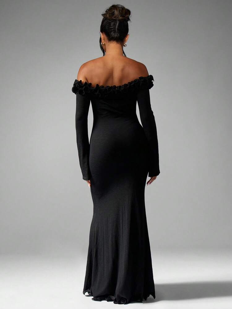 MISSGUIDED Ruffle Trim Off Shoulder Mermaid Dress Long Sleeve Floor Length Evening Gown Formal Special Occasion Wedding Guest Elegant Black Tie Ball Party Dress