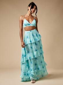 MISSGUIDED 花卉烂花荷叶边超长舞会套装，含 Bralette 上衣，特殊场合花园派对婚礼宾客春夏节日波西米亚风 - 藍色 - 查看 1