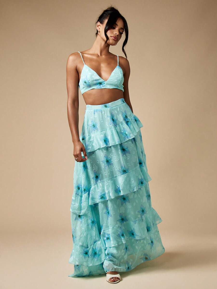 MISSGUIDED 花卉烂花荷叶边超长舞会套装，含 Bralette 上衣，特殊场合花园派对婚礼宾客春夏节日波西米亚风 - 藍色 - 查看 1