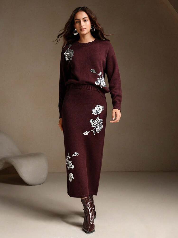 2pcs Women Elegant Sequins Embellished French Retro Knitted Set