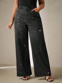 Anewsta Jeans a gamba larga con strass, taglie forti, moda donna