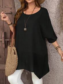EMERY ROSE 大码女式乡村休闲圆领短袖宽松不对称下摆侧开衩拼接黑色衬衫，适合夏季假期、度假女性穿着，简约时尚，日常百搭，营造度假氛围，春假休闲，秋季穿着。 - 黑色 - 查看 4