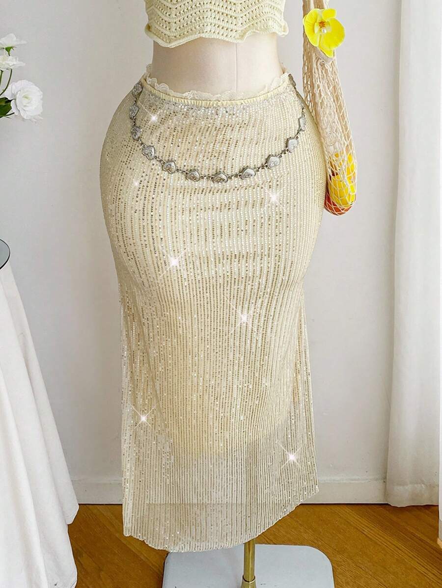 Comfortcana 加大码春季亮片腰链长裙，带褶皱，适合浪漫度假派对 - 米色 - 查看 1