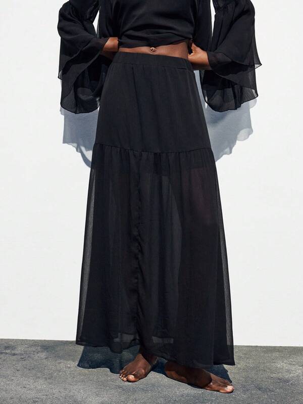 Maija Jupe longue et ample en couleur unie semi-transparente, style casual, printemps/été pour femmes